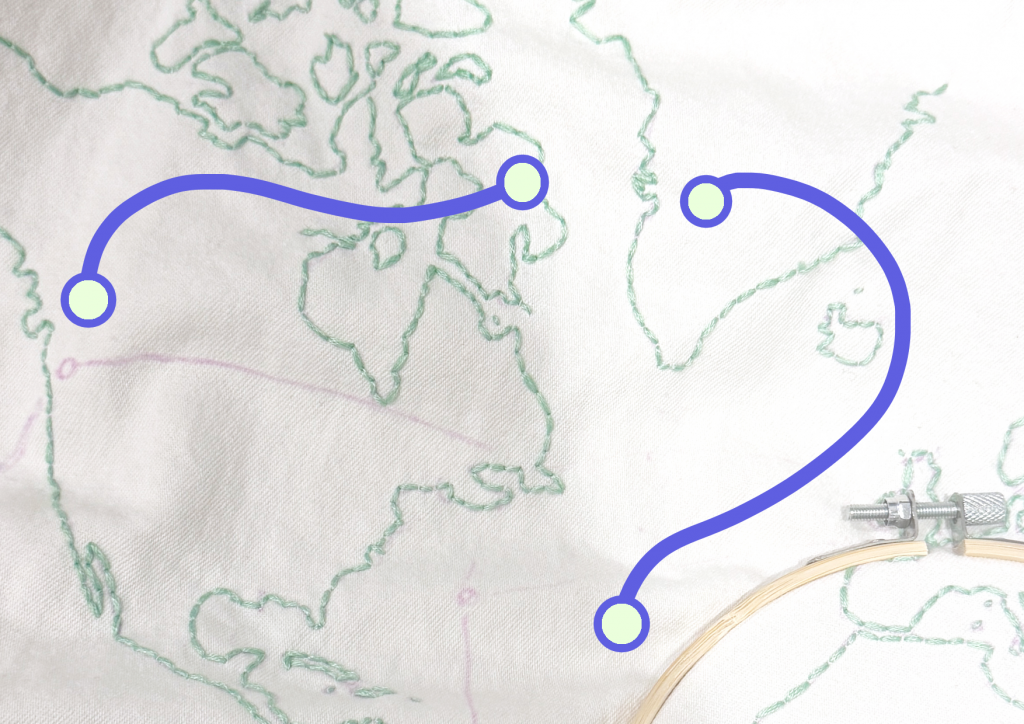 a photo of the world map embroidered in green thread on beige canvas. 2 digital illustrations of curved purple lines with circular lime green dots on their ends are drawn on top of this photo